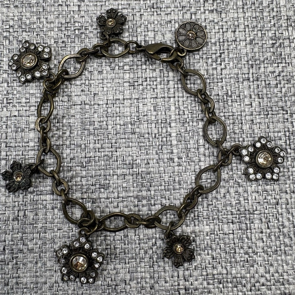 Sweet Romance Brass Floral Charm Bracelet Crystald Rhinestone Victorian Revival‎